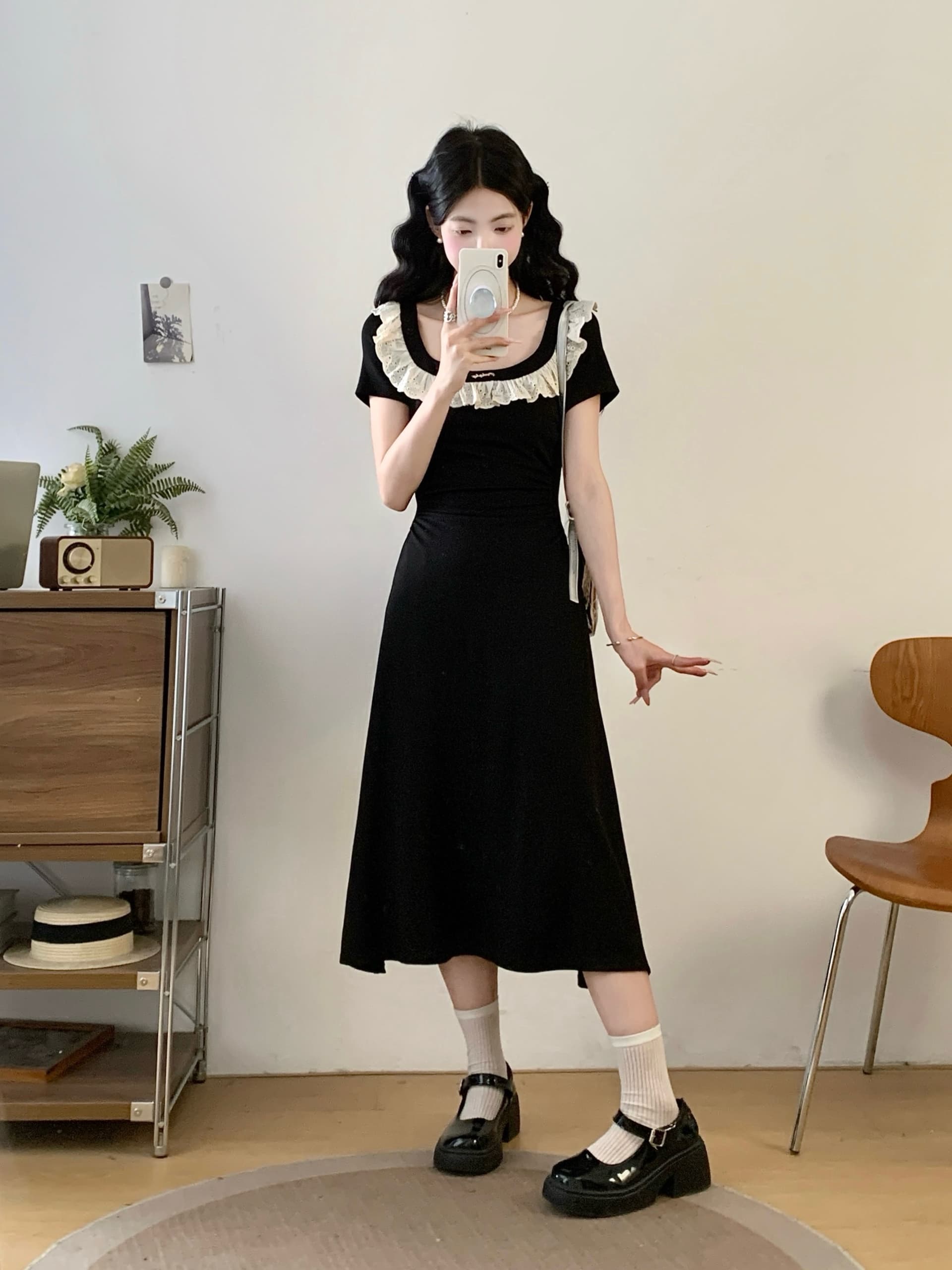 실사 빅 사이즈 프랑스식 그는 벤 바람 광장 칼라 검정색 여성 드레스 여름 고급 센스 레이스 측면 슬림해 보이는 허리 수축 치마 상세 이미지 8