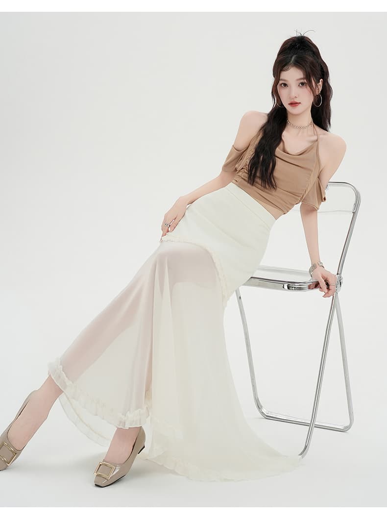 실사 2026 년 여름 새로운 여성 부드러운 바람 실 센스 시스루 반신 스커트 하이웨이스트 표지 고기 패치워크 빅 플레어 스커트 상세 이미지 20