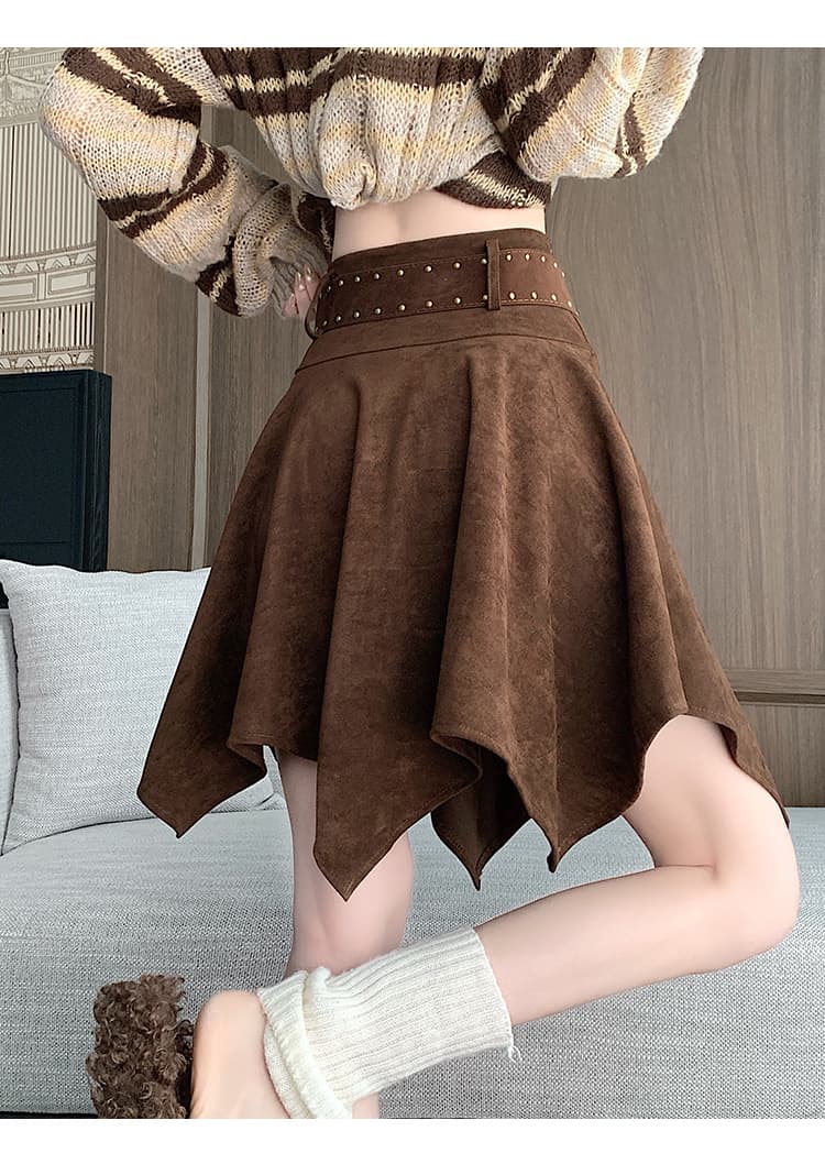 실사 2026 년 가을 겨울 새로운 사슴 캐시미어 불규칙 빅 플레어 스커트 벨트 포함 미니 스커트 한 마디 반신 스커트 상세 이미지 20