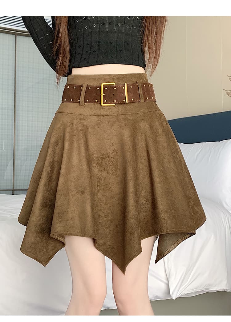 실사 2026 년 가을 겨울 새로운 사슴 캐시미어 불규칙 빅 플레어 스커트 벨트 포함 미니 스커트 한 마디 반신 스커트 상세 이미지 29