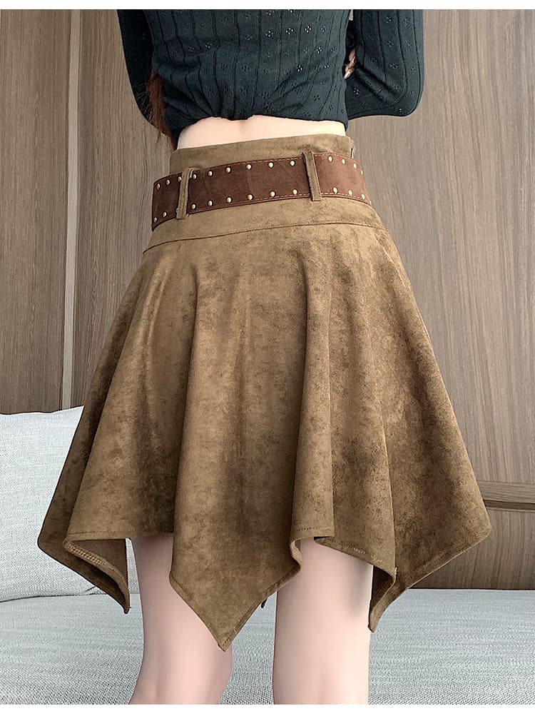 실사 2026 년 가을 겨울 새로운 사슴 캐시미어 불규칙 빅 플레어 스커트 벨트 포함 미니 스커트 한 마디 반신 스커트 상세 이미지 30