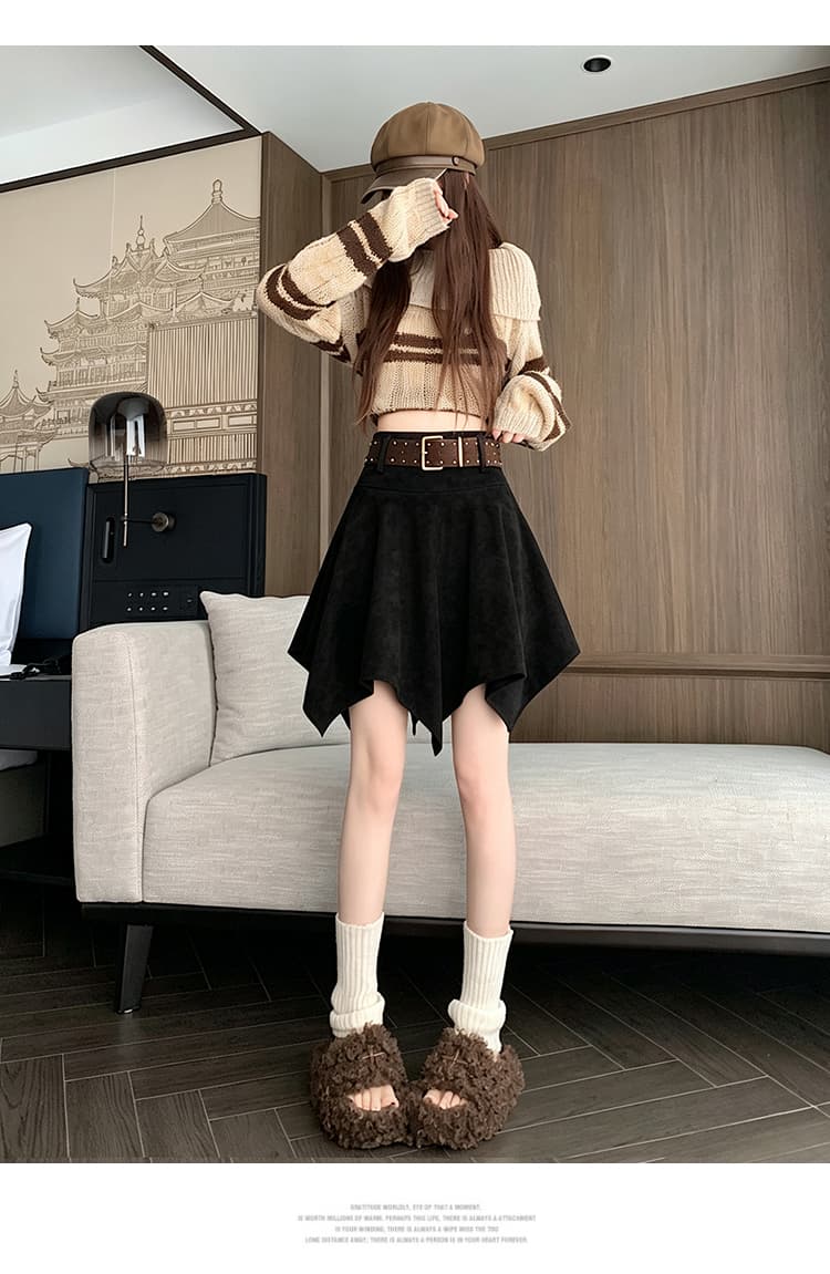 실사 2026 년 가을 겨울 새로운 사슴 캐시미어 불규칙 빅 플레어 스커트 벨트 포함 미니 스커트 한 마디 반신 스커트 상세 이미지 33