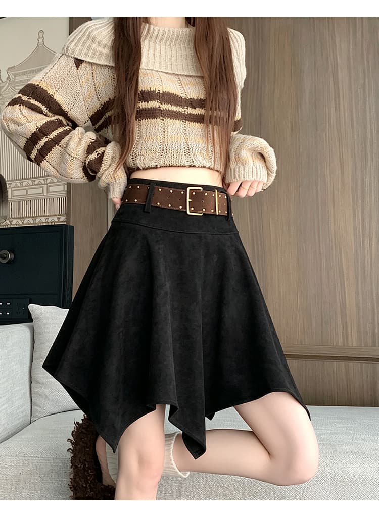 실사 2026 년 가을 겨울 새로운 사슴 캐시미어 불규칙 빅 플레어 스커트 벨트 포함 미니 스커트 한 마디 반신 스커트 상세 이미지 35