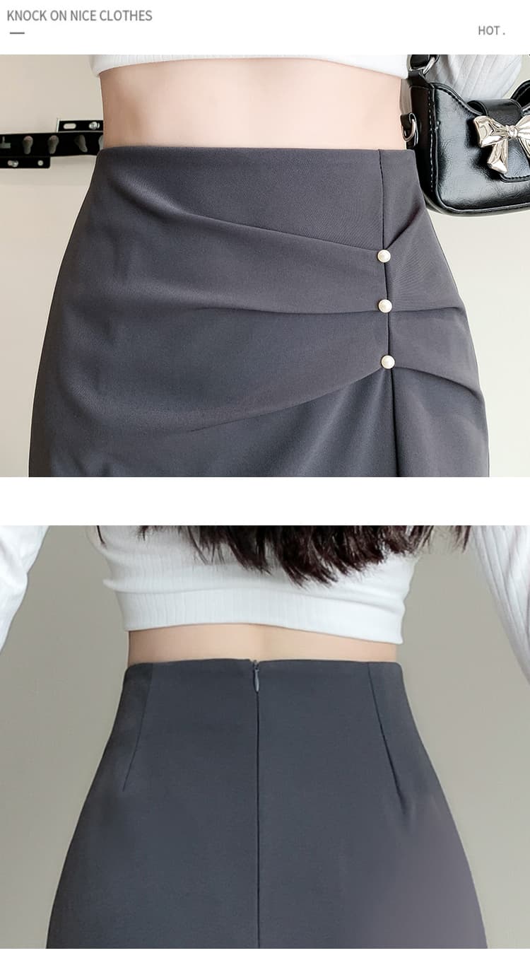 실사 비디오 불규칙 디자인 센스 반신 스커트 타이트 스커트 비즈니스웨어 반 스커트 하이웨이스트 플리츠 트임 중간 길이 스커트 상세 이미지 43