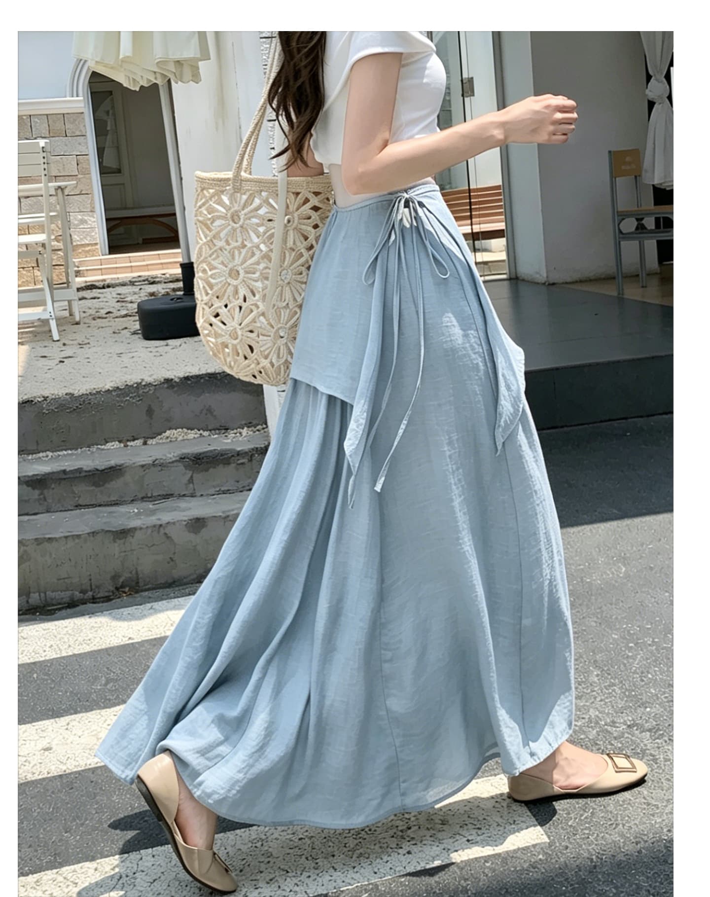 실사 면 린넨 방귀 커튼 레이스업 반신 스커트 여성 빅 플레어 스커트 하이웨이스트 품격 표지 십자가 우아한 휴가 아름다운 중간 길이 스커트 상세 이미지 42