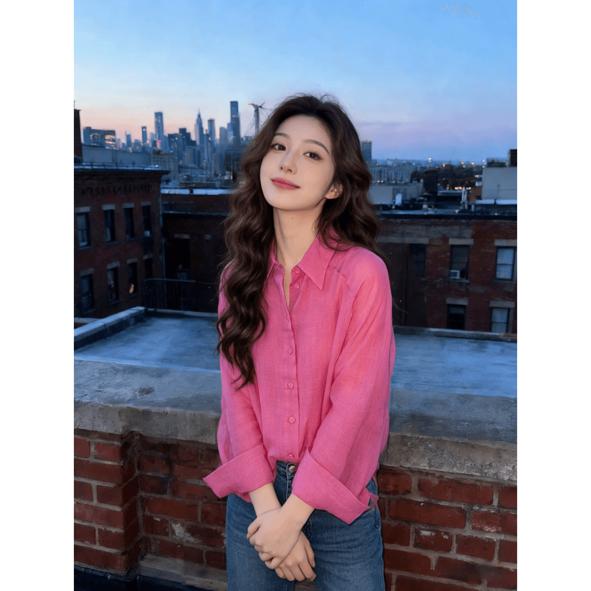 미니멀리즘 바람 장미 핑크색 아마 폴로 칼라 단추 품격 여성 셔츠 레트로 출퇴근 루즈핏 슬림해 보이는 느긋한 맨위 이미지 5