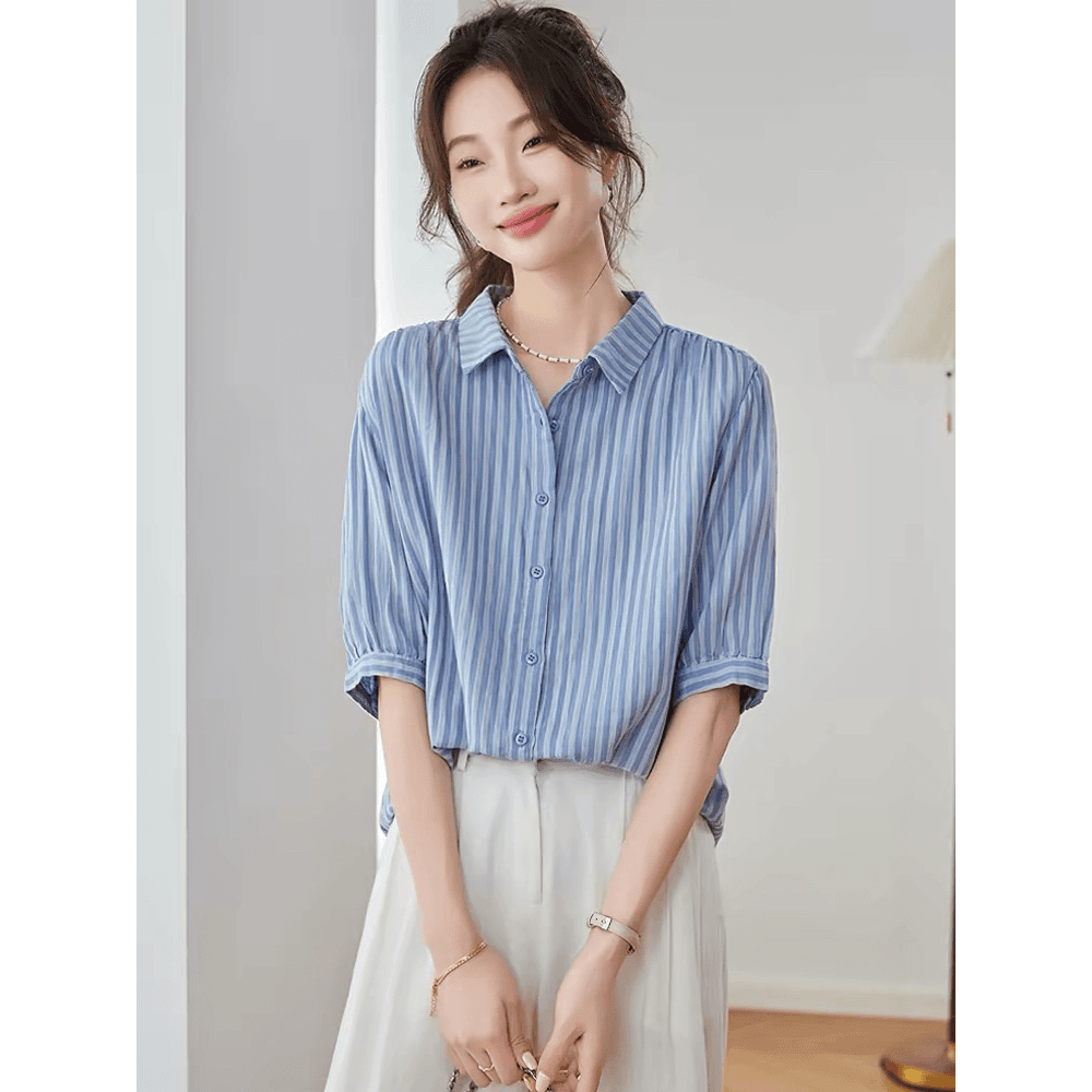 순면 스트라이프 반팔 셔츠 여성 2026 새로운 여름 루즈핏 표지 고기 셔츠 중간 소매 맨위 작은 셔츠 이미지 5