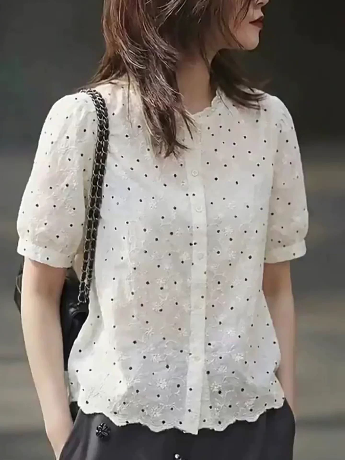 프랑스식 달콤함 연령 감소 우아함 반팔 도트 무늬 셔츠 여름 드레스 고급 센스 싱글 줄 버튼 외국 가스 패션 셔츠 작은 셔츠 상세 이미지 1