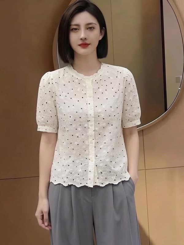 프랑스식 달콤함 연령 감소 우아함 반팔 도트 무늬 셔츠 여름 드레스 고급 센스 싱글 줄 버튼 외국 가스 패션 셔츠 작은 셔츠 상세 이미지 6