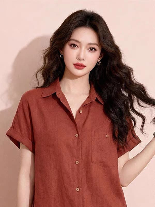 고급 센스 분위기 센스 아마 바람 폴로 칼라 반팔 셔츠 여름 느슨함 센스 루즈핏 디자인 센스 작은 대중 단추 맨위 이미지 2