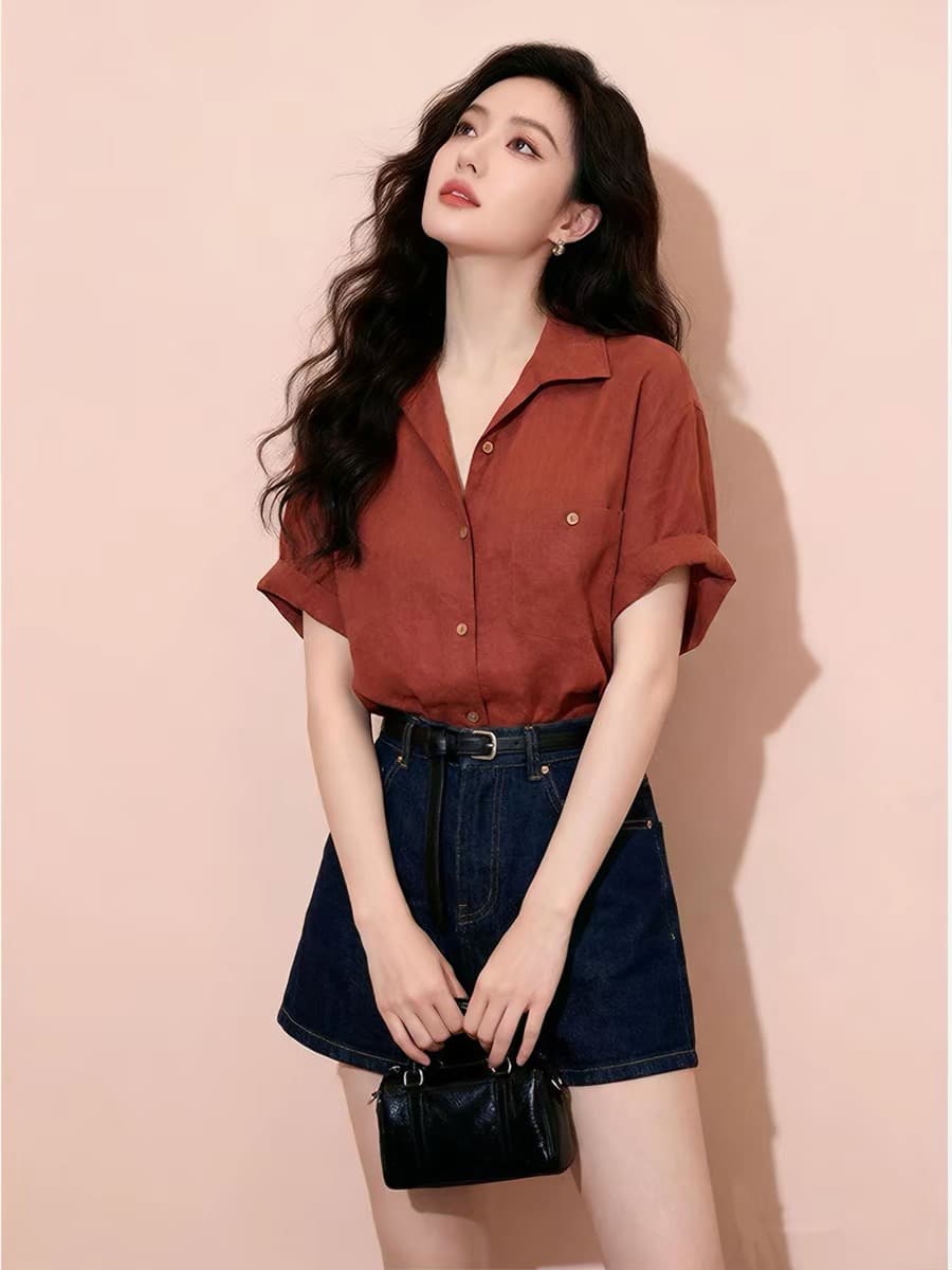 고급 센스 분위기 센스 아마 바람 폴로 칼라 반팔 셔츠 여름 느슨함 센스 루즈핏 디자인 센스 작은 대중 단추 맨위 상세 이미지 1