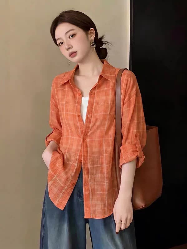 도파민 호박 주황색 체크무늬 폴로 칼라 자외선 차단 여성 셔츠 여름 얇은 스타일 루즈핏 외부 가져 가라. 아마 셔츠 재킷