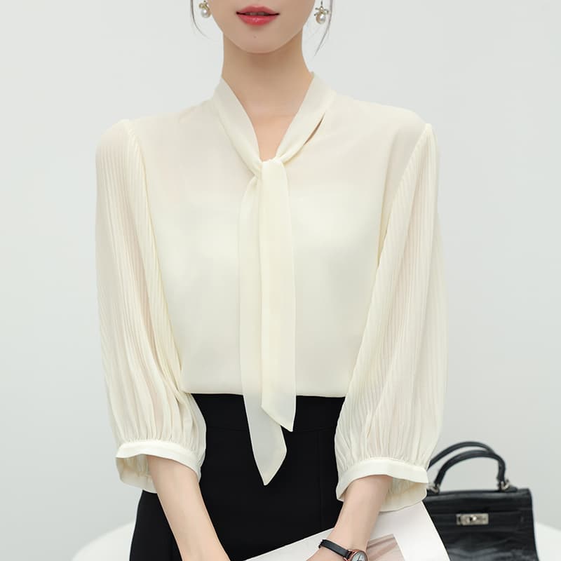 실사 7부 소매 V넥 리본 쉬폰 셔츠 여성 새로운 프랑스식 품격 장기 플리츠 소매 맨위 이미지 4