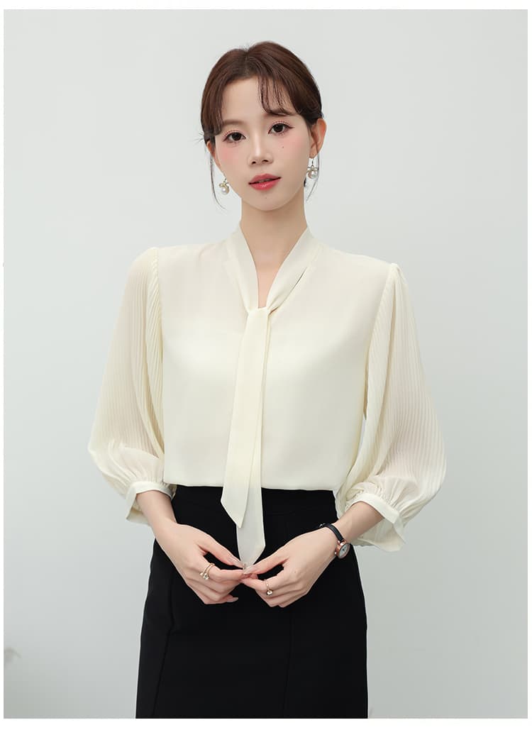 실사 7부 소매 V넥 리본 쉬폰 셔츠 여성 새로운 프랑스식 품격 장기 플리츠 소매 맨위 상세 이미지 1