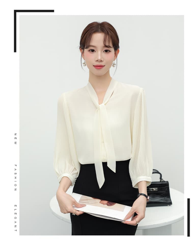 실사 7부 소매 V넥 리본 쉬폰 셔츠 여성 새로운 프랑스식 품격 장기 플리츠 소매 맨위 상세 이미지 10