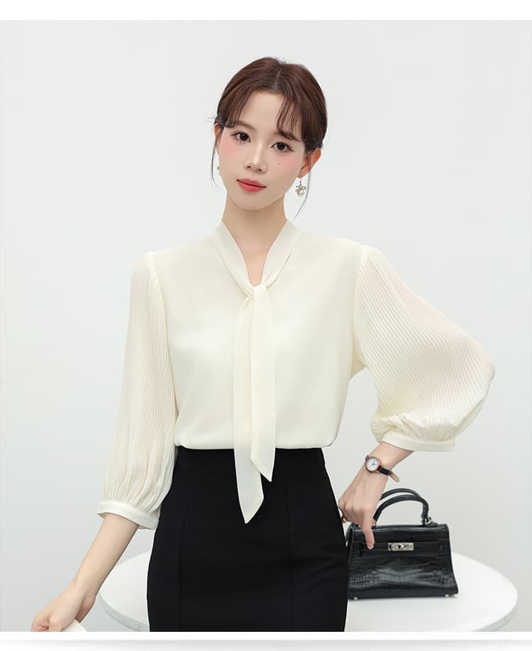 실사 7부 소매 V넥 리본 쉬폰 셔츠 여성 새로운 프랑스식 품격 장기 플리츠 소매 맨위 상세 이미지 11