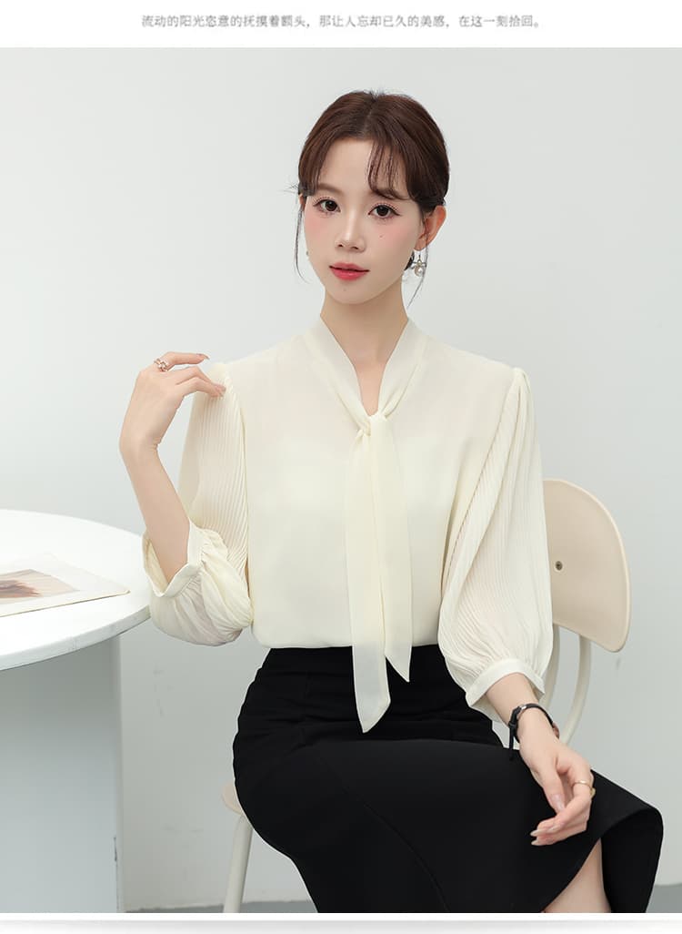실사 7부 소매 V넥 리본 쉬폰 셔츠 여성 새로운 프랑스식 품격 장기 플리츠 소매 맨위 상세 이미지 13