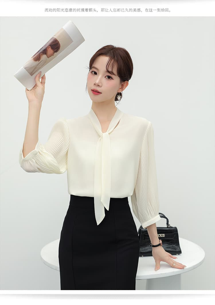 실사 7부 소매 V넥 리본 쉬폰 셔츠 여성 새로운 프랑스식 품격 장기 플리츠 소매 맨위 상세 이미지 15