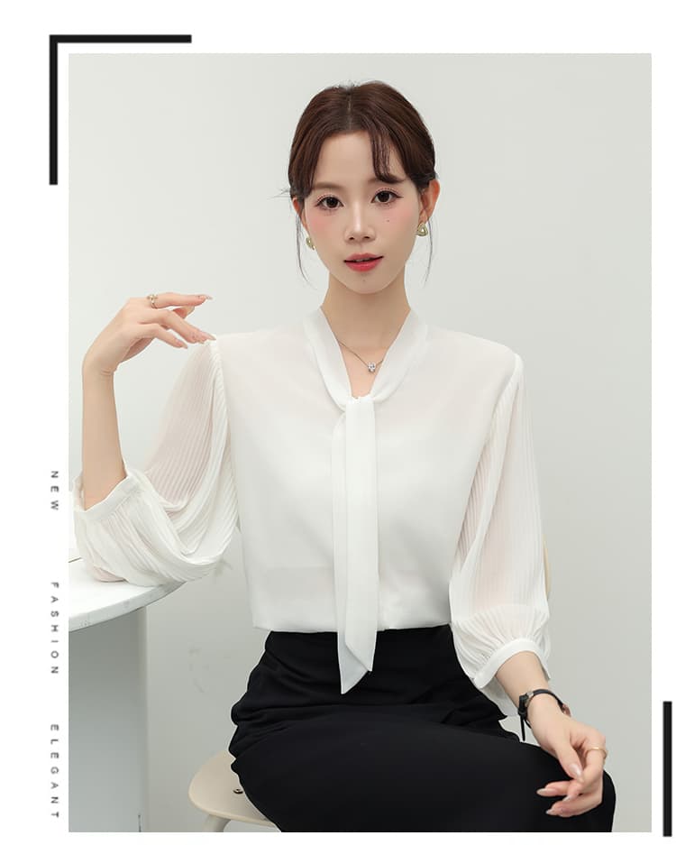 실사 7부 소매 V넥 리본 쉬폰 셔츠 여성 새로운 프랑스식 품격 장기 플리츠 소매 맨위 상세 이미지 18