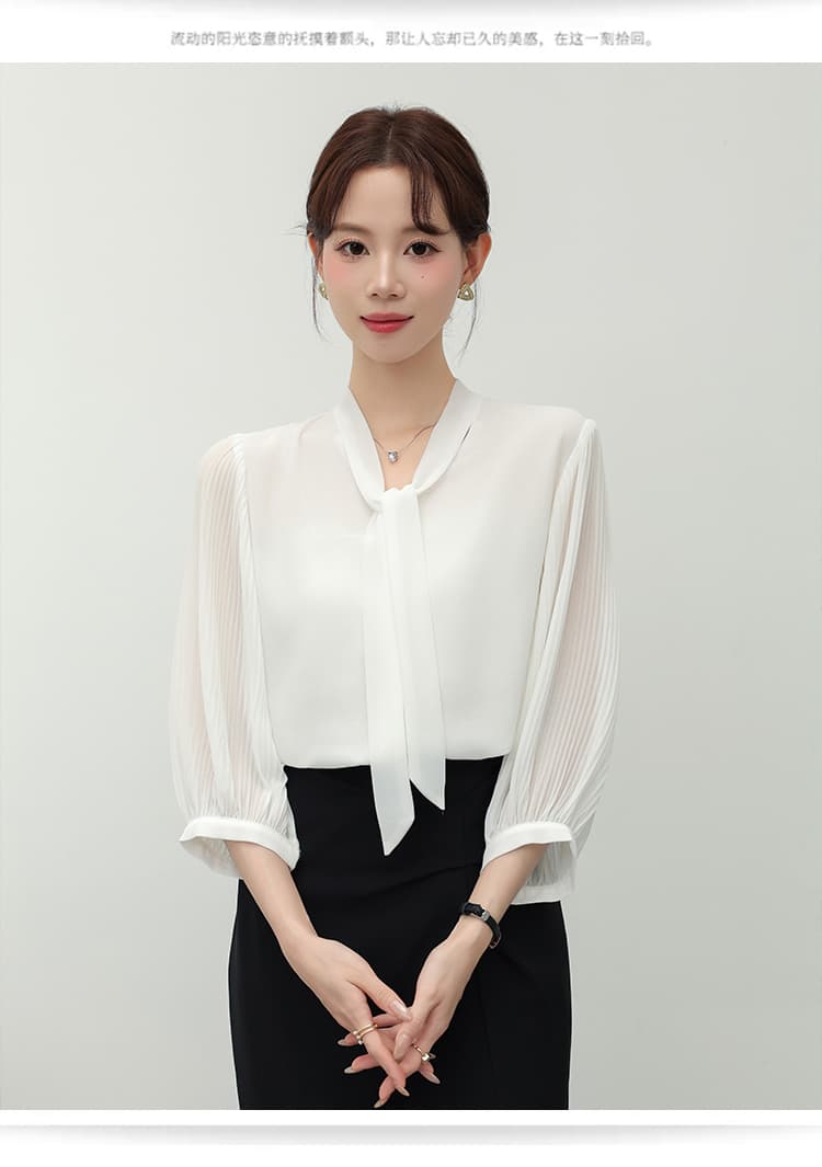 실사 7부 소매 V넥 리본 쉬폰 셔츠 여성 새로운 프랑스식 품격 장기 플리츠 소매 맨위 상세 이미지 23