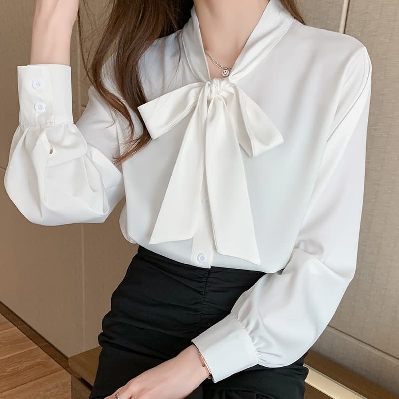 2026 가을 새로운 프랑스식 긴팔 품격 스탠드 칼라 쉬폰 블라우스 나비 매듭 루즈핏 화이트 셔츠 맨위 여성 이미지 4