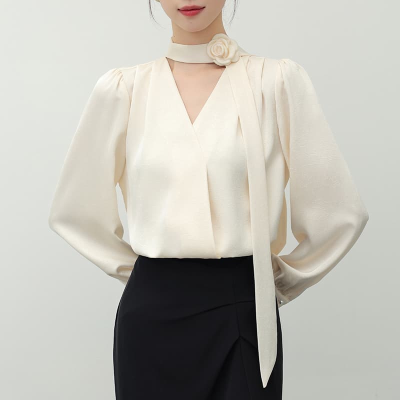 2026 가을 장미 Boutonniere 리본 여성 셔츠 새로운 경력 출퇴근 셔츠 프랑스식 품격 V넥 맨위 이미지 5