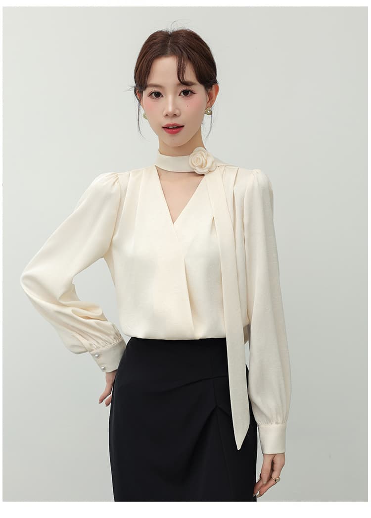2026 가을 장미 Boutonniere 리본 여성 셔츠 새로운 경력 출퇴근 셔츠 프랑스식 품격 V넥 맨위 상세 이미지 1