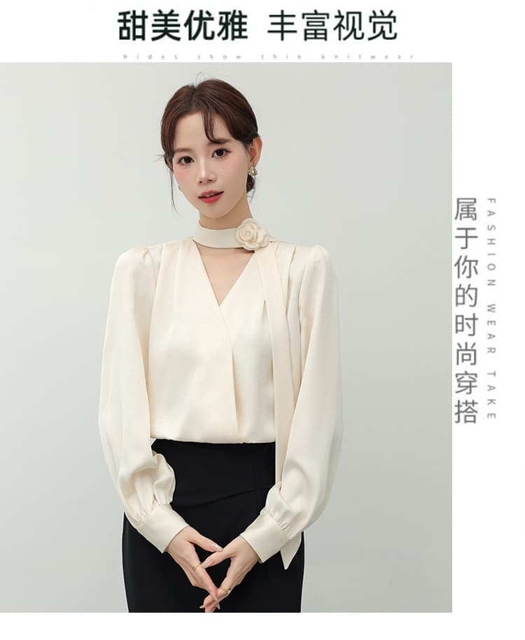 2026 가을 장미 Boutonniere 리본 여성 셔츠 새로운 경력 출퇴근 셔츠 프랑스식 품격 V넥 맨위 상세 이미지 3