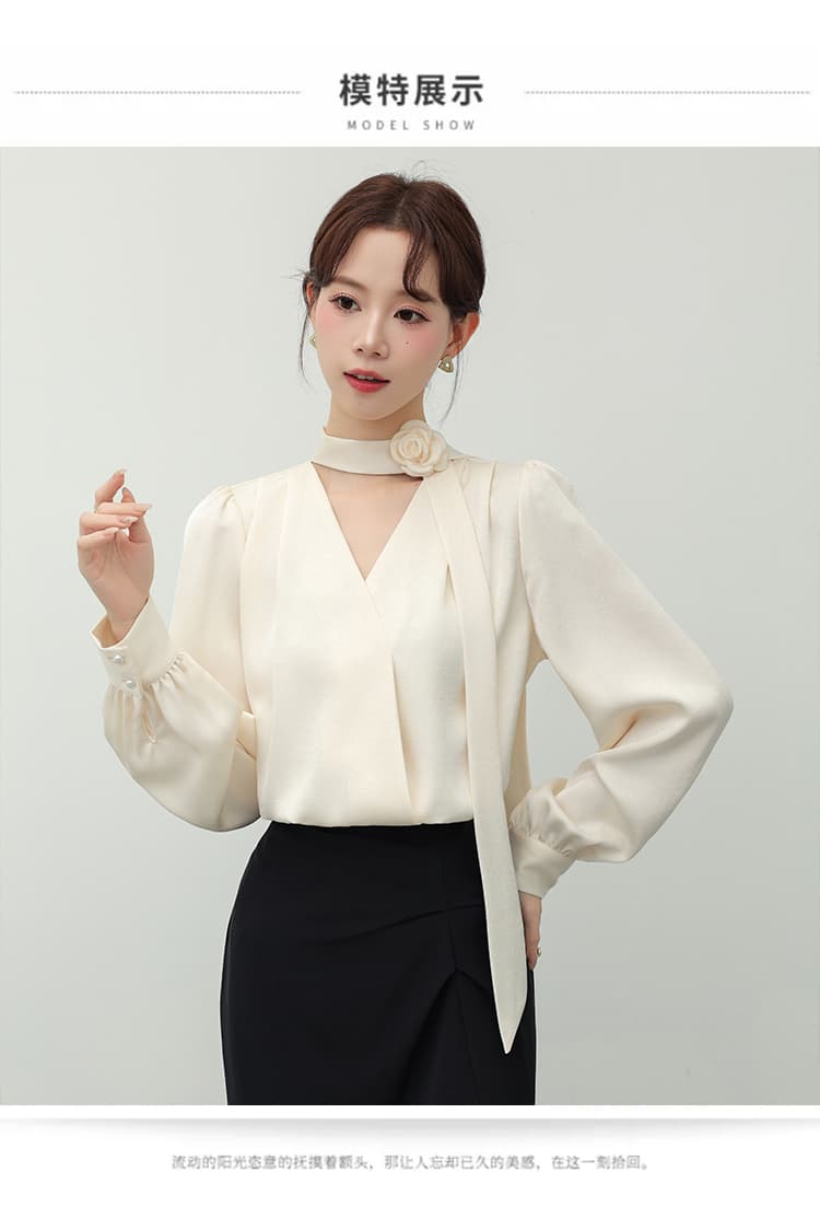 2026 가을 장미 Boutonniere 리본 여성 셔츠 새로운 경력 출퇴근 셔츠 프랑스식 품격 V넥 맨위 상세 이미지 7