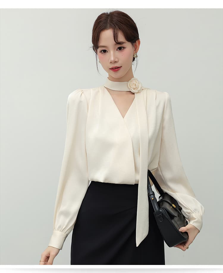 2026 가을 장미 Boutonniere 리본 여성 셔츠 새로운 경력 출퇴근 셔츠 프랑스식 품격 V넥 맨위 상세 이미지 10