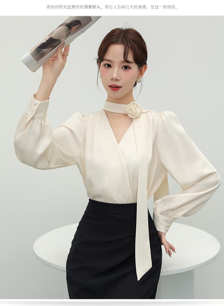 2026 가을 장미 Boutonniere 리본 여성 셔츠 새로운 경력 출퇴근 셔츠 프랑스식 품격 V넥 맨위 상세 이미지 12