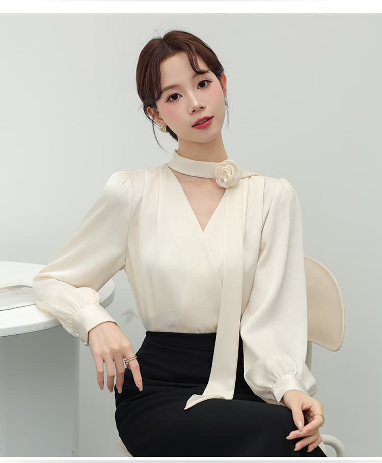 2026 가을 장미 Boutonniere 리본 여성 셔츠 새로운 경력 출퇴근 셔츠 프랑스식 품격 V넥 맨위 상세 이미지 13