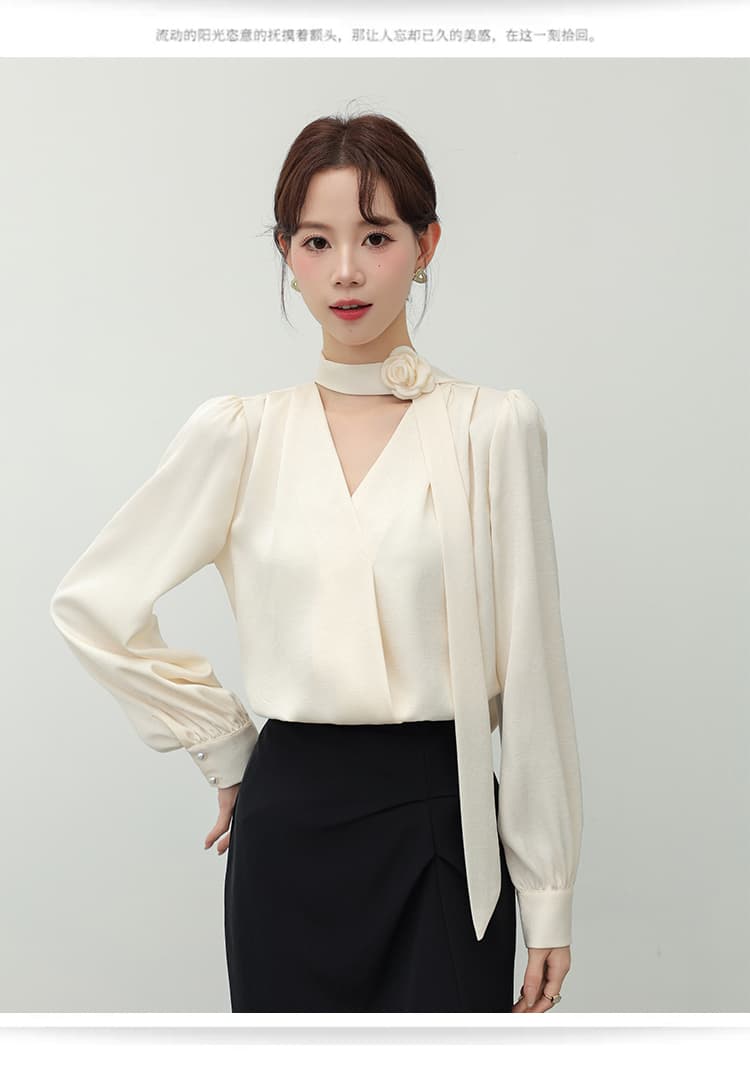 2026 가을 장미 Boutonniere 리본 여성 셔츠 새로운 경력 출퇴근 셔츠 프랑스식 품격 V넥 맨위 상세 이미지 14