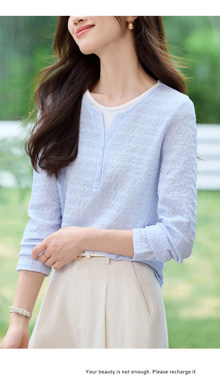 2026 가을 새로운 페이크 레이어드 패치워크 질감 티셔츠 여성 지성 우아함 질감 센스 슬림해 보이는 연령 감소 맨위 상세 이미지 14