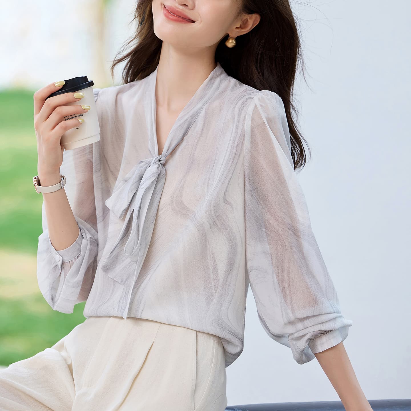 실사 낭만주의 은하수 디자인 센스 V 넥 셔츠 2026 가을 긴팔 얇은 스타일 나비 매듭 쉬폰 톱 이미지 4