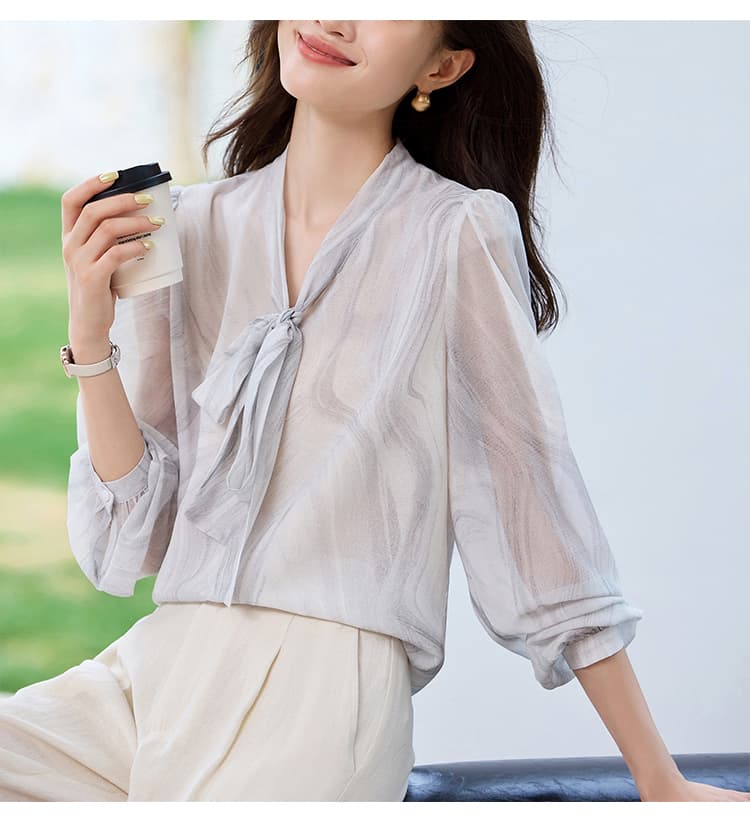 실사 낭만주의 은하수 디자인 센스 V 넥 셔츠 2026 가을 긴팔 얇은 스타일 나비 매듭 쉬폰 톱 상세 이미지 13