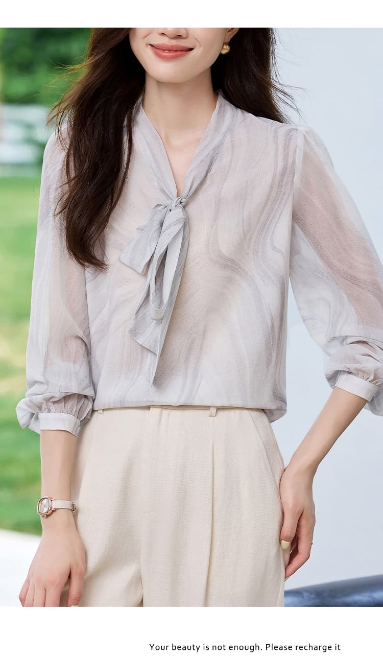 실사 낭만주의 은하수 디자인 센스 V 넥 셔츠 2026 가을 긴팔 얇은 스타일 나비 매듭 쉬폰 톱 상세 이미지 16