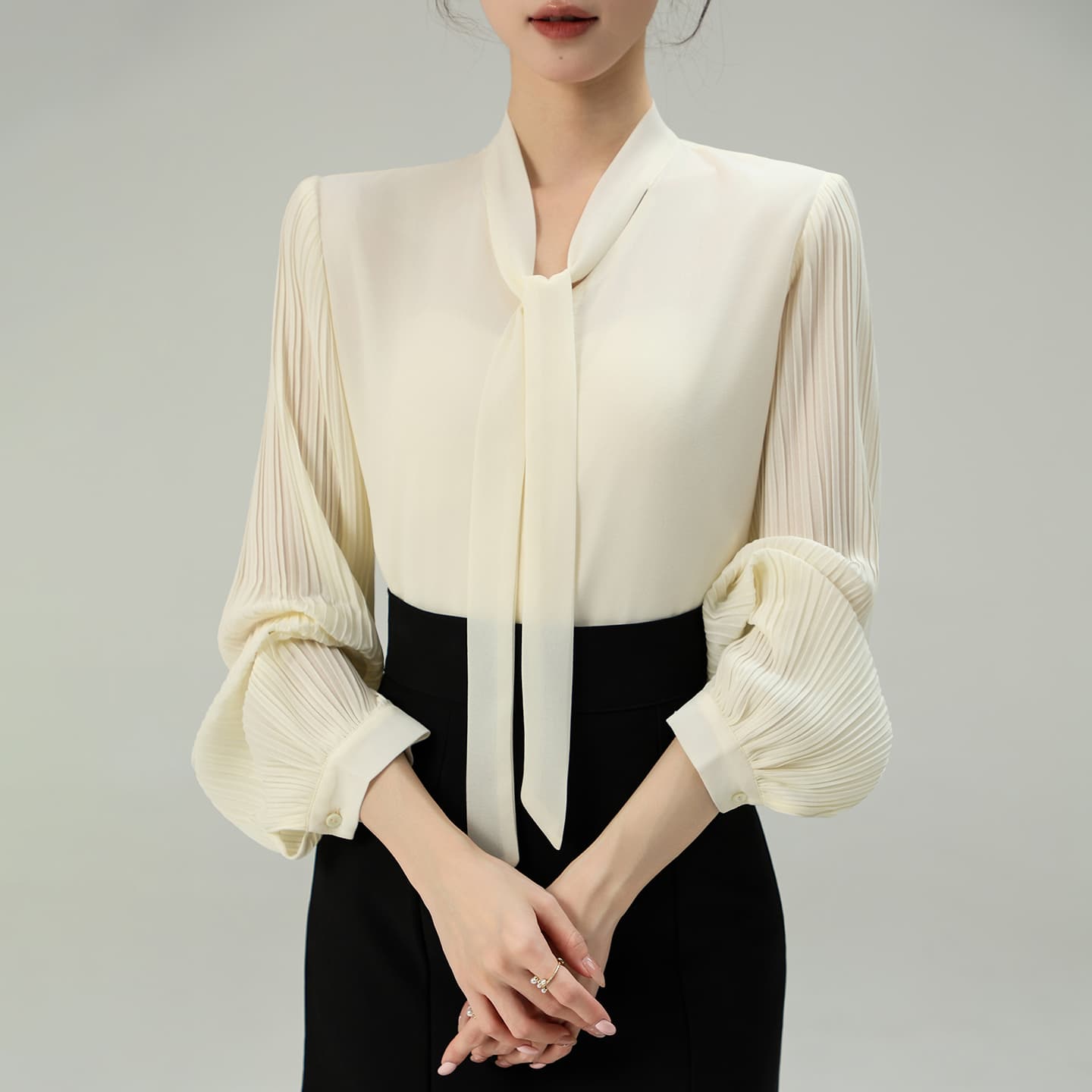 실사 2026 가을 새로운 장기 플리츠 소매 쉬폰 셔츠 도루 센스 쉽지 않음 주름 출퇴근 리본 맨위 이미지 4