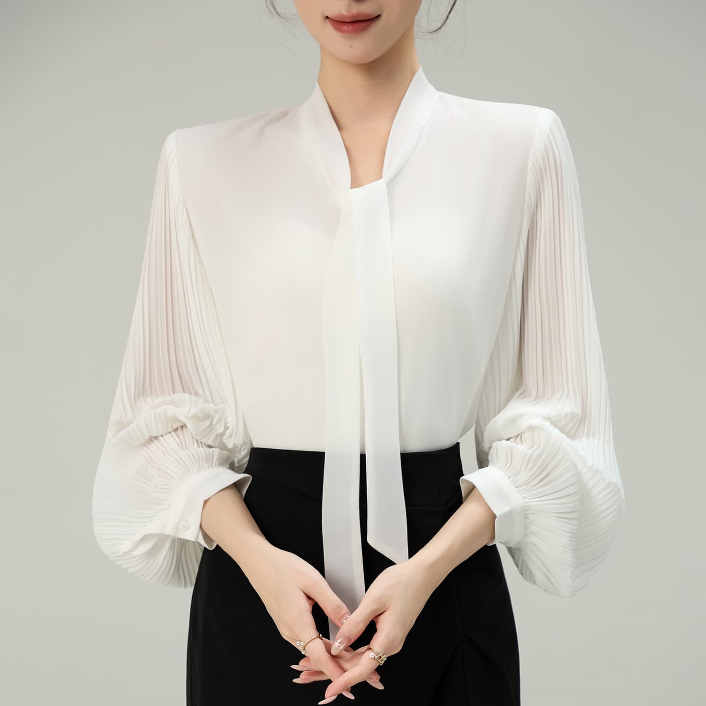 실사 2026 가을 새로운 장기 플리츠 소매 쉬폰 셔츠 도루 센스 쉽지 않음 주름 출퇴근 리본 맨위
