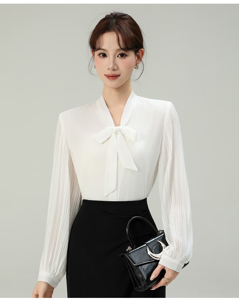 실사 2026 가을 새로운 장기 플리츠 소매 쉬폰 셔츠 도루 센스 쉽지 않음 주름 출퇴근 리본 맨위 상세 이미지 18