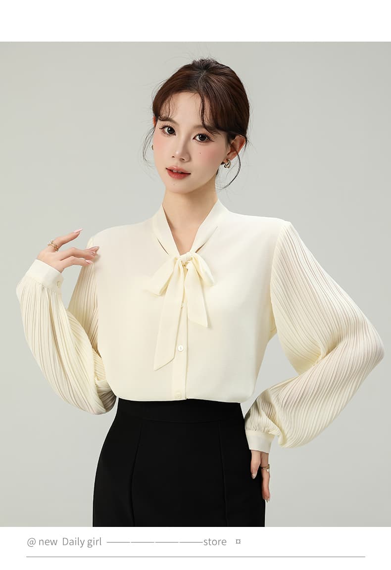 실사 2026 가을 새로운 장기 플리츠 소매 쉬폰 셔츠 도루 센스 쉽지 않음 주름 출퇴근 리본 맨위 상세 이미지 31