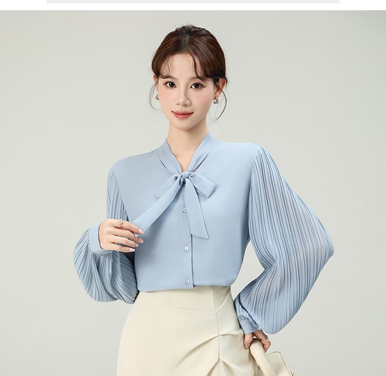 실사 2026 가을 새로운 장기 플리츠 소매 쉬폰 셔츠 도루 센스 쉽지 않음 주름 출퇴근 리본 맨위 상세 이미지 34