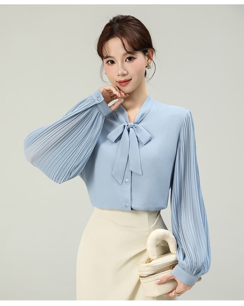 실사 2026 가을 새로운 장기 플리츠 소매 쉬폰 셔츠 도루 센스 쉽지 않음 주름 출퇴근 리본 맨위 상세 이미지 36