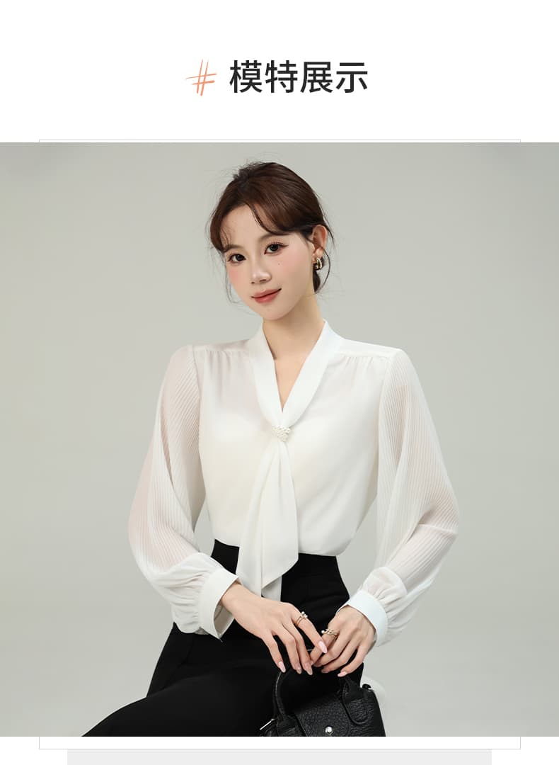 실사 V넥 리본 화이트 쉬폰 여성 셔츠 2026 가을 새로운 경력 출퇴근 장기 플리츠 소매 맨위 상세 이미지 13
