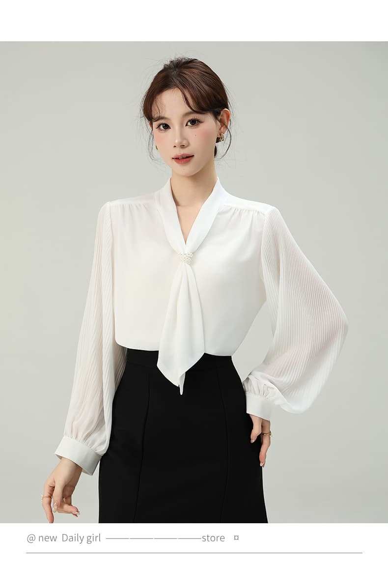 실사 V넥 리본 화이트 쉬폰 여성 셔츠 2026 가을 새로운 경력 출퇴근 장기 플리츠 소매 맨위 상세 이미지 20