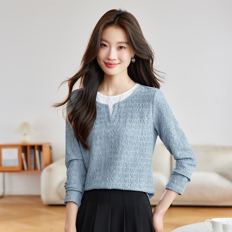 실사 질감 패치워크 긴팔 2026 가을 새로운 캐주얼 라운드 넥 배색 물결무늬 질감 맨위 티셔츠