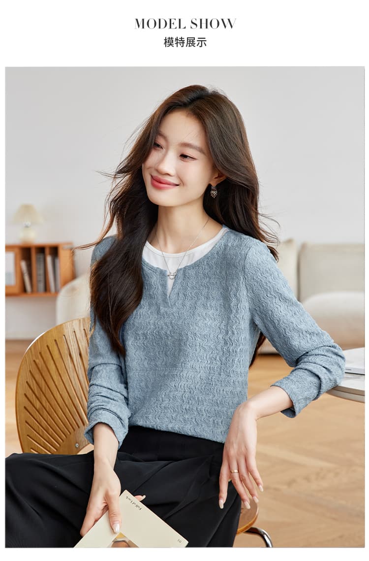 실사 질감 패치워크 긴팔 2026 가을 새로운 캐주얼 라운드 넥 배색 물결무늬 질감 맨위 티셔츠 상세 이미지 10