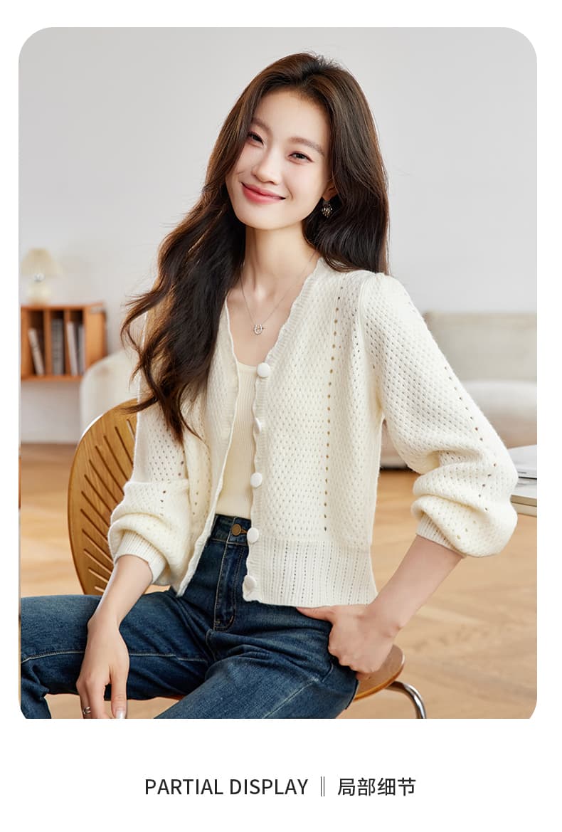 실사 프랑스식 V넥 홀로우 아웃 이른 가을 니트 맨위 여성 2026 새로운 자이언트 잘 생긴 장미 분말 한 부서 스웨터 오픈 가디건 상세 이미지 3