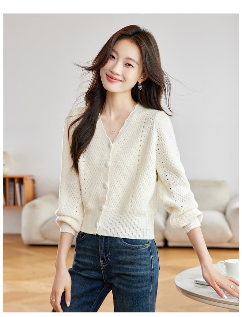 실사 프랑스식 V넥 홀로우 아웃 이른 가을 니트 맨위 여성 2026 새로운 자이언트 잘 생긴 장미 분말 한 부서 스웨터 오픈 가디건 상세 이미지 15