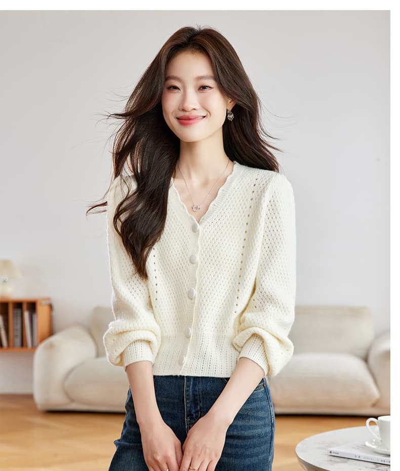 실사 프랑스식 V넥 홀로우 아웃 이른 가을 니트 맨위 여성 2026 새로운 자이언트 잘 생긴 장미 분말 한 부서 스웨터 오픈 가디건 상세 이미지 19
